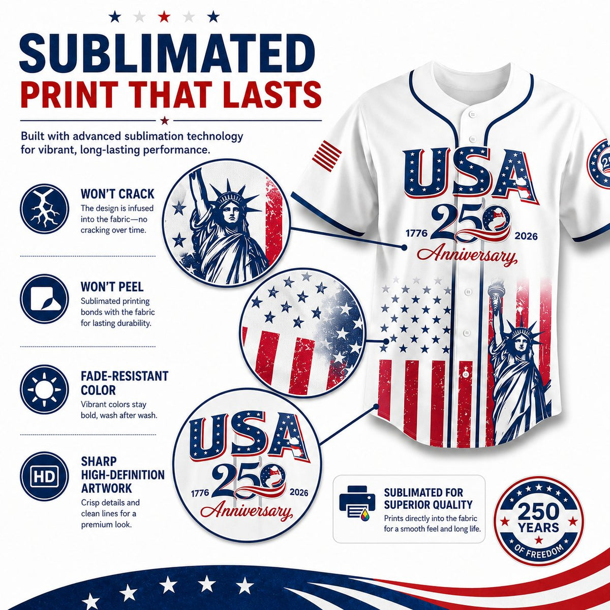 đ˝ USA 250th Anniversary Baseball Jersey â Patriotic Statue of Liberty Print, 4th of July Outfit