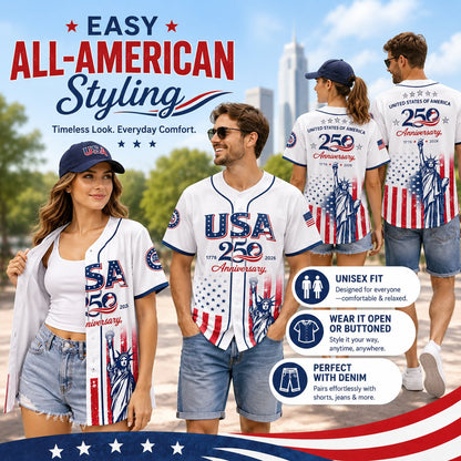 🗽 USA 250th Anniversary Baseball Jersey – Patriotic Statue of Liberty Print, 4th of July Outfit
