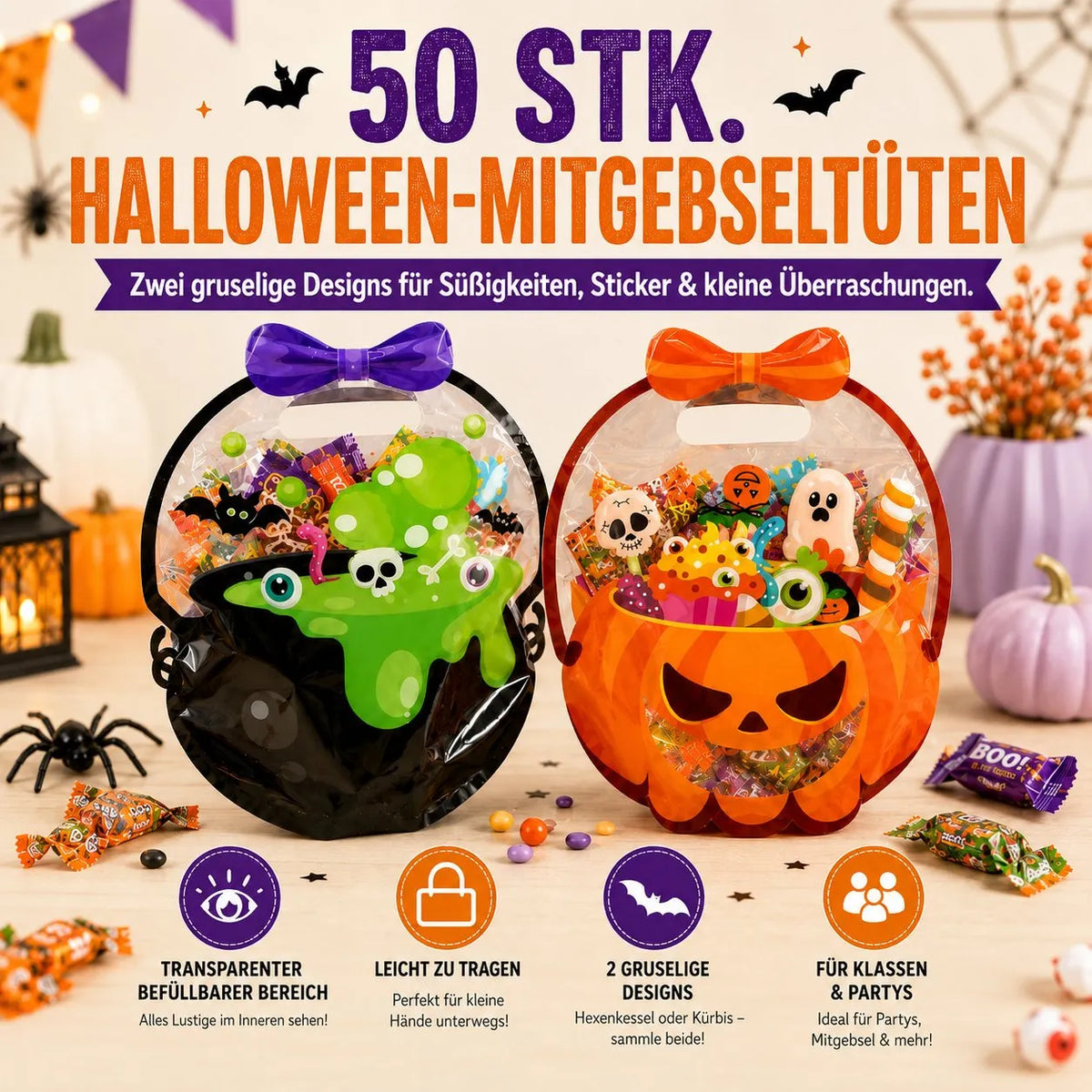 As low as $0.99 each ✅-🎁Halloween Goodie Bags – Clear Cauldron Candy Favor Bags