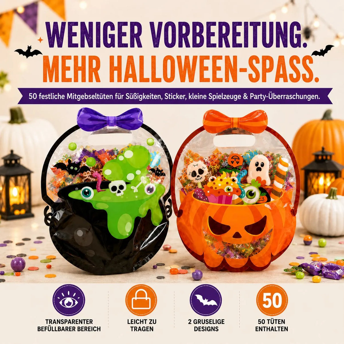 As low as $0.99 each ✅-🎁Halloween Goodie Bags – Clear Cauldron Candy Favor Bags