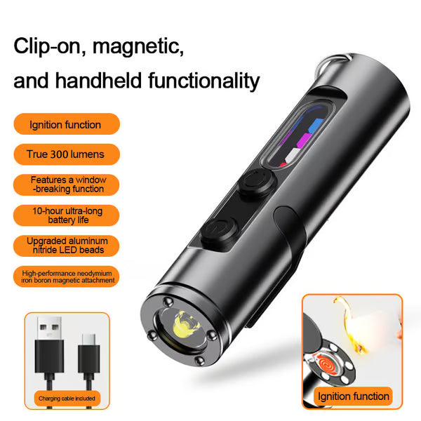 🔦Pocket Rechargeable EDC Flashlight: Mini Keychain Light with Fire Starter & Window Breaker