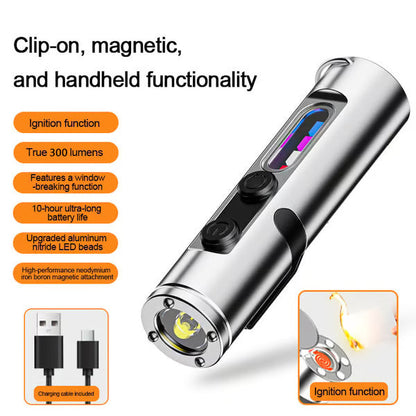 🔦Pocket Rechargeable EDC Flashlight: Mini Keychain Light with Fire Starter & Window Breaker