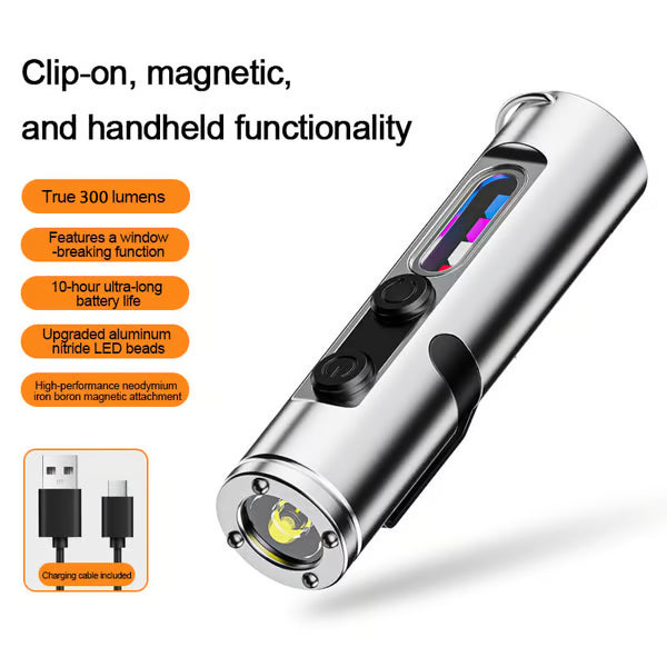 🔦Pocket Rechargeable EDC Flashlight: Mini Keychain Light with Fire Starter & Window Breaker