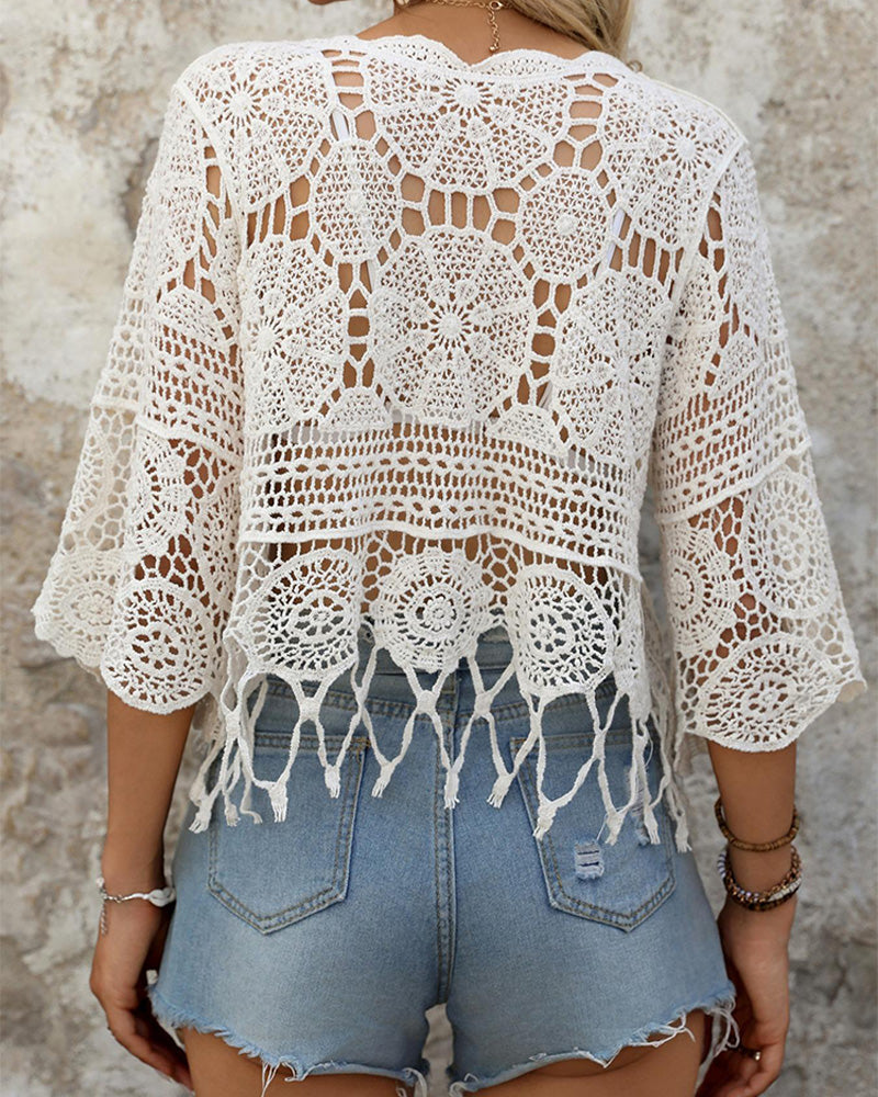 Women's Plain Fringe Trim Cut Out Sheer Cover Up