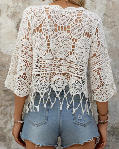 Women's Plain Fringe Trim Cut Out Sheer Cover Up