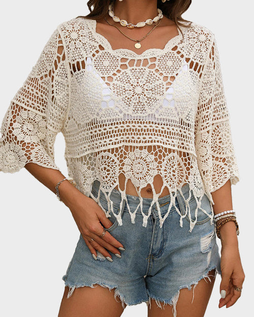 Women's Plain Fringe Trim Cut Out Sheer Cover Up