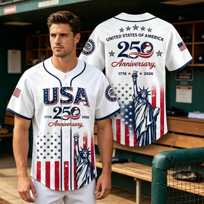 🗽 USA 250th Anniversary Baseball Jersey – Patriotic Statue of Liberty Print, 4th of July Outfit