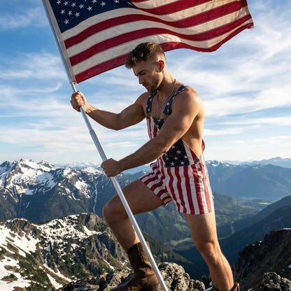 Men's and Women's American Flag Denim Overalls Stretch Shorts, Patriotic