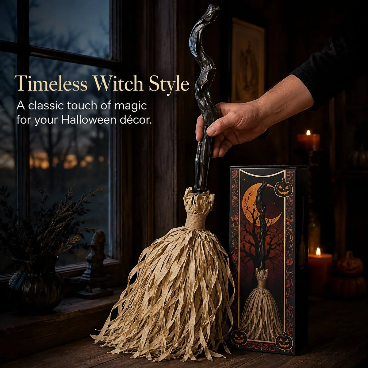Animated Moving Witch Broom, Light‐Sound‐Motion Halloween Prop