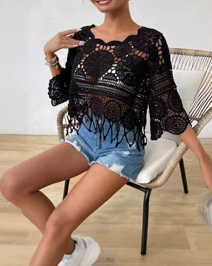 Women's Plain Fringe Trim Cut Out Sheer Cover Up