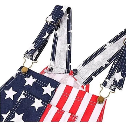 Men's and Women's American Flag Denim Overalls Stretch Shorts, Patriotic