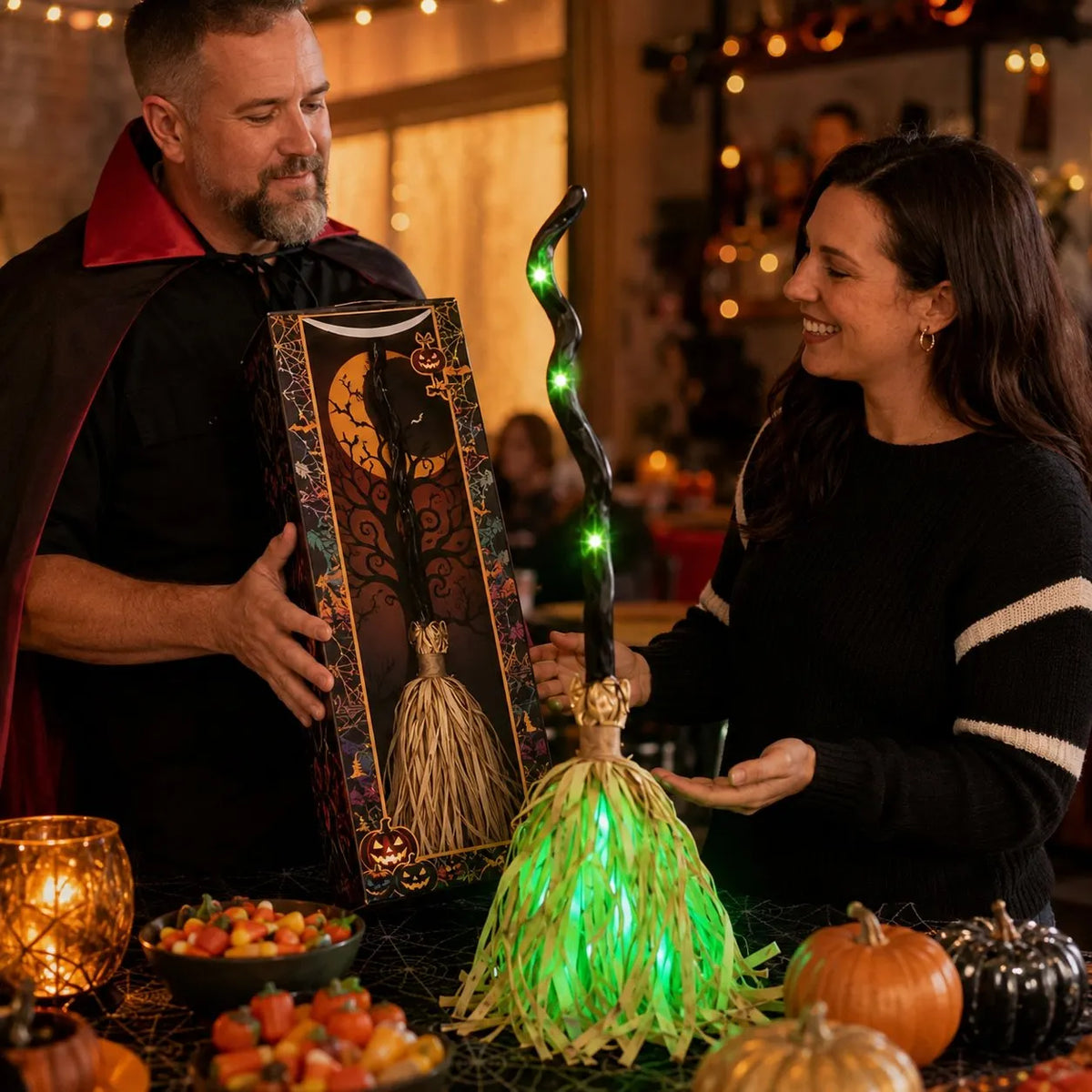 Animated Moving Witch Broom, Light‐Sound‐Motion Halloween Prop