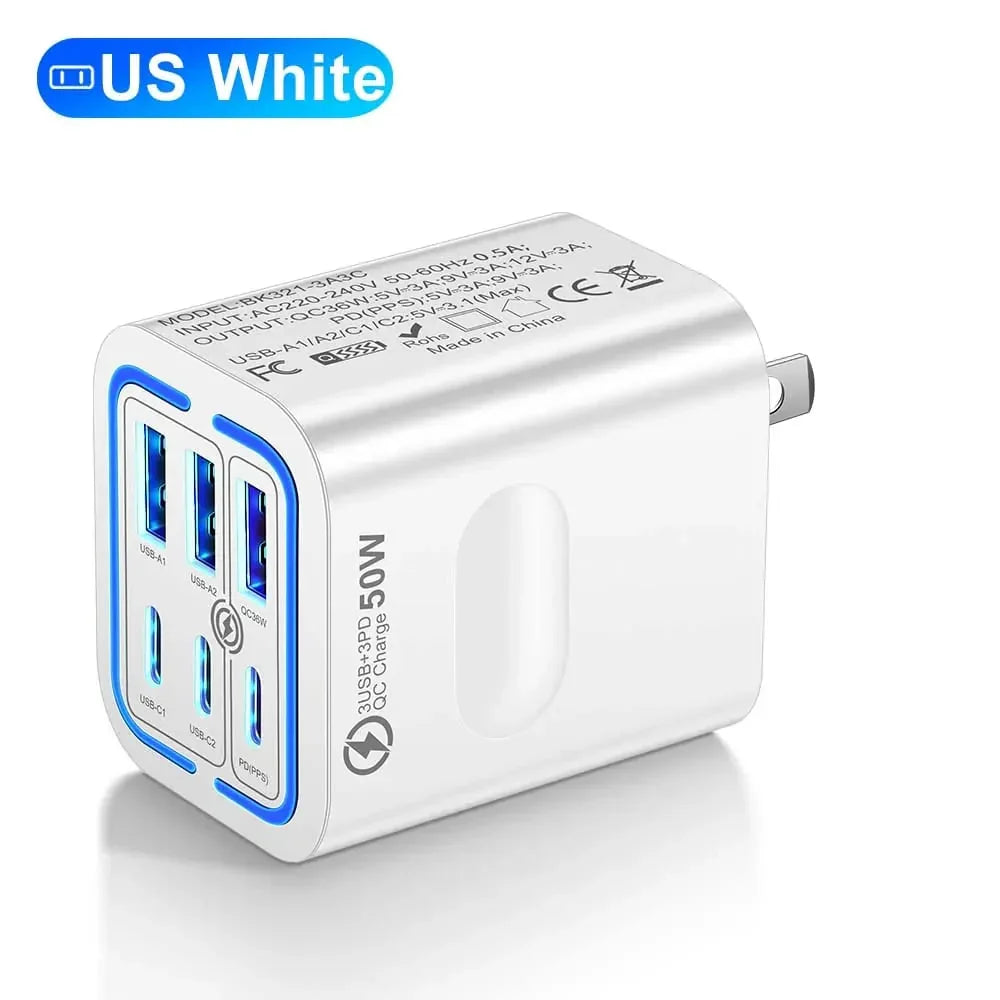 Portable Multi Port Charging Station 50W, 6- Port USB C & USB A