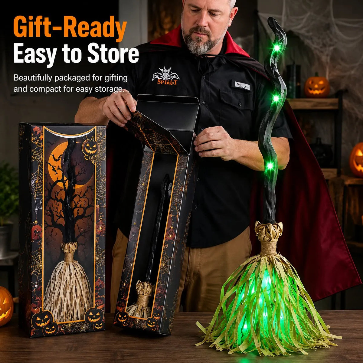 Animated Moving Witch Broom, Light‐Sound‐Motion Halloween Prop
