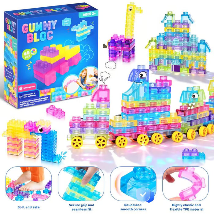 🌈Soft Jelly Stacking Blocks – 40PCS Squishy Sensory STEM Building Toy for Toddlers💛