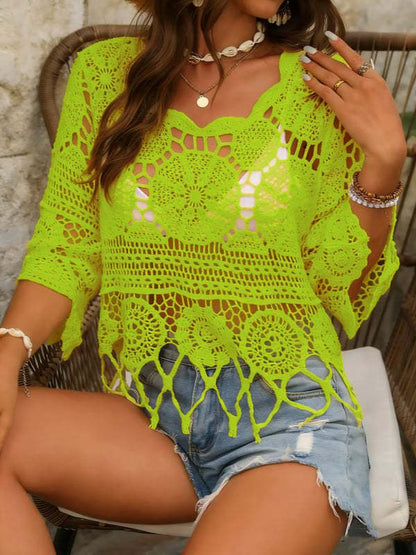 Women's Plain Fringe Trim Cut Out Sheer Cover Up