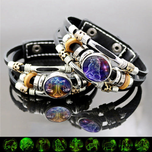🌌 Wear Your Destiny: The 12 Zodiac Leather Bracelet 🌌