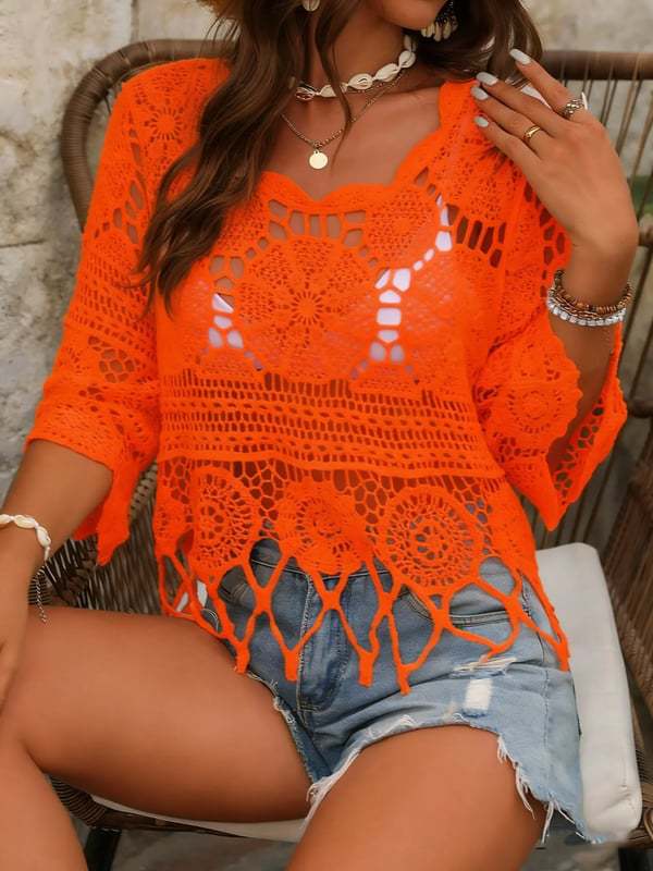 Women's Plain Fringe Trim Cut Out Sheer Cover Up