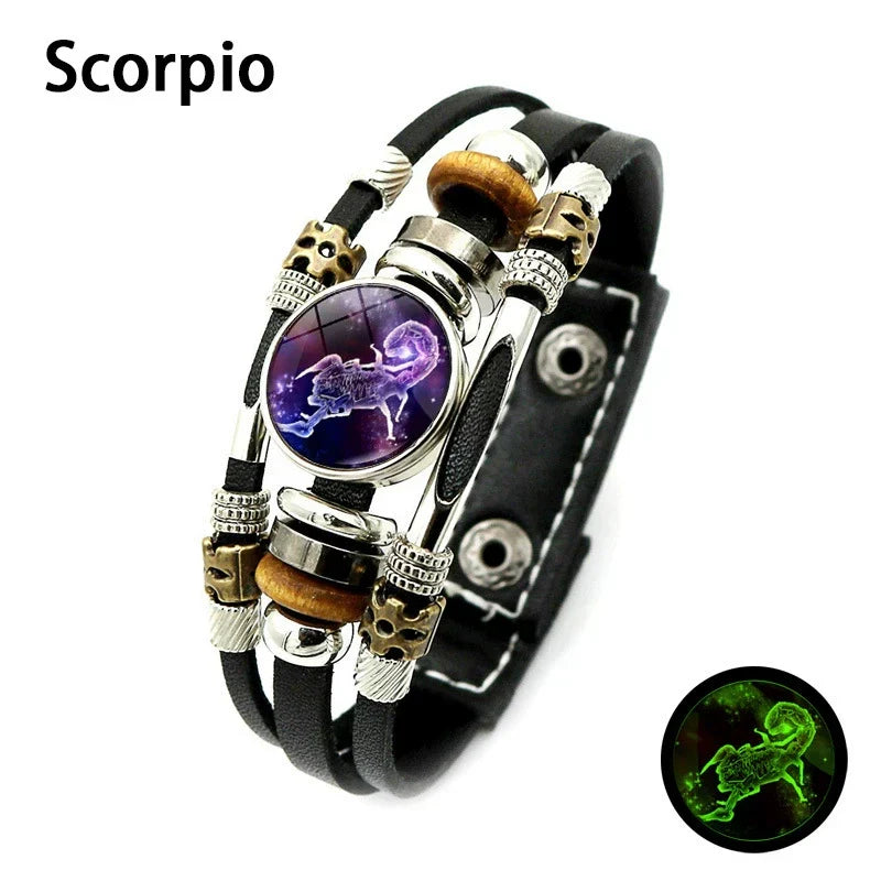 🌌 Wear Your Destiny: The 12 Zodiac Leather Bracelet 🌌