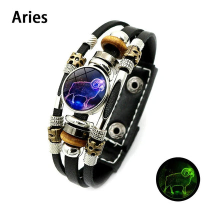🌌 Wear Your Destiny: The 12 Zodiac Leather Bracelet 🌌