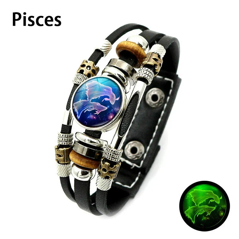 🌌 Wear Your Destiny: The 12 Zodiac Leather Bracelet 🌌