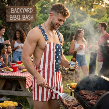 Men's and Women's American Flag Denim Overalls Stretch Shorts, Patriotic