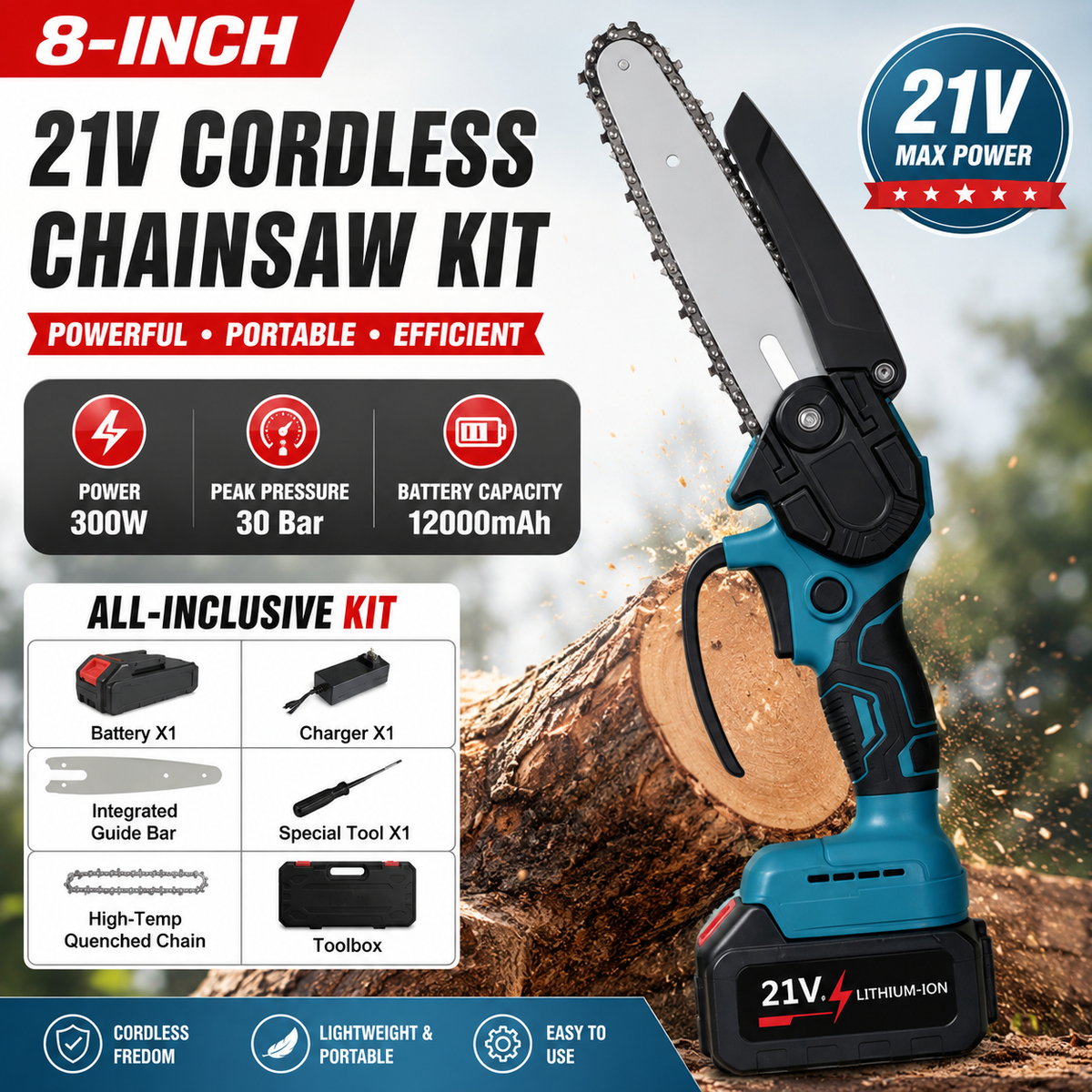 2 Battery 6-8  Mini Cordless Chainsaw Electric One-Hand Saw Wood Cutter