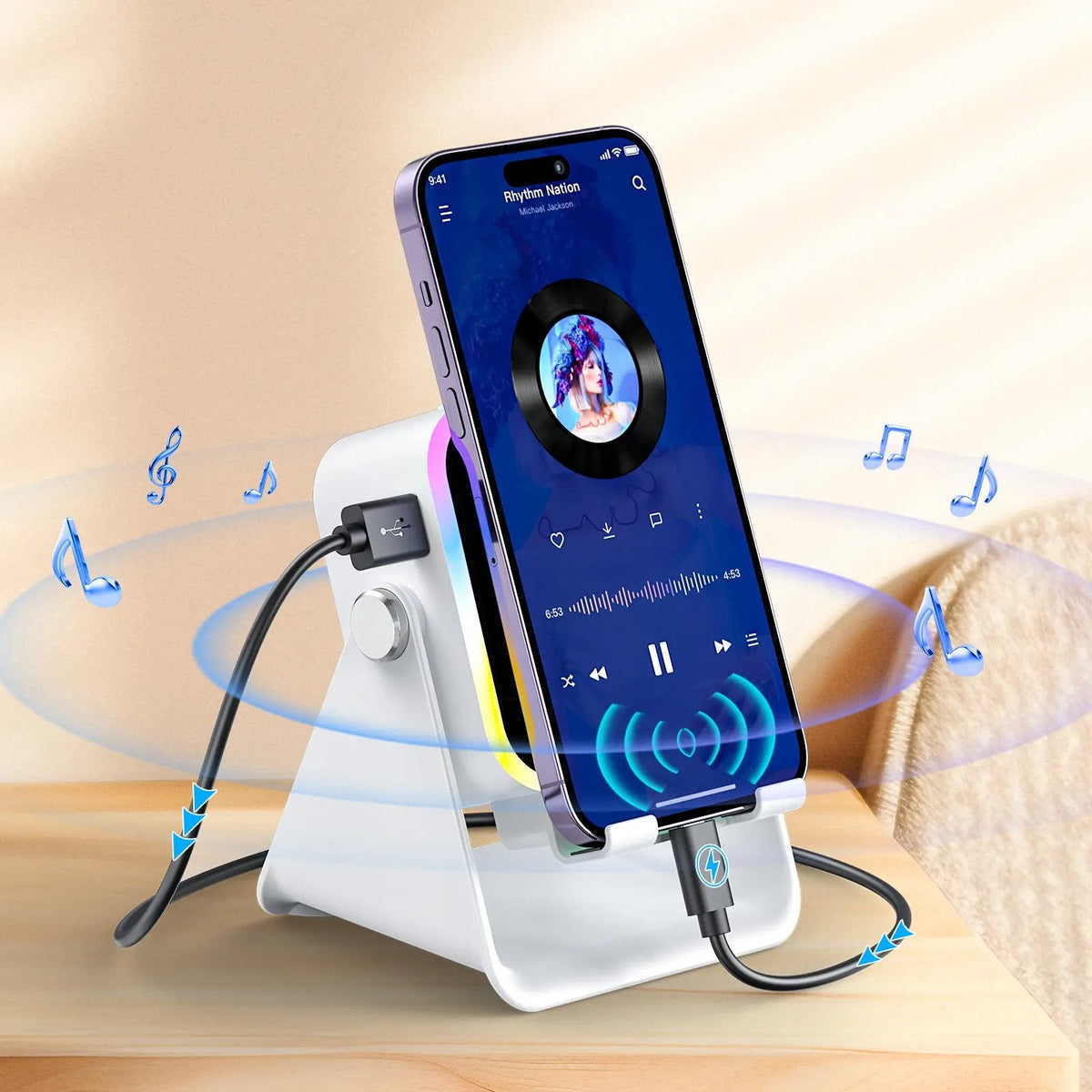 Touch-to-Play Wireless Speaker & Phone Stand 🔥 (RGB Glow Edition) 🌈