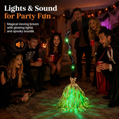Animated Moving Witch Broom, Light‐Sound‐Motion Halloween Prop
