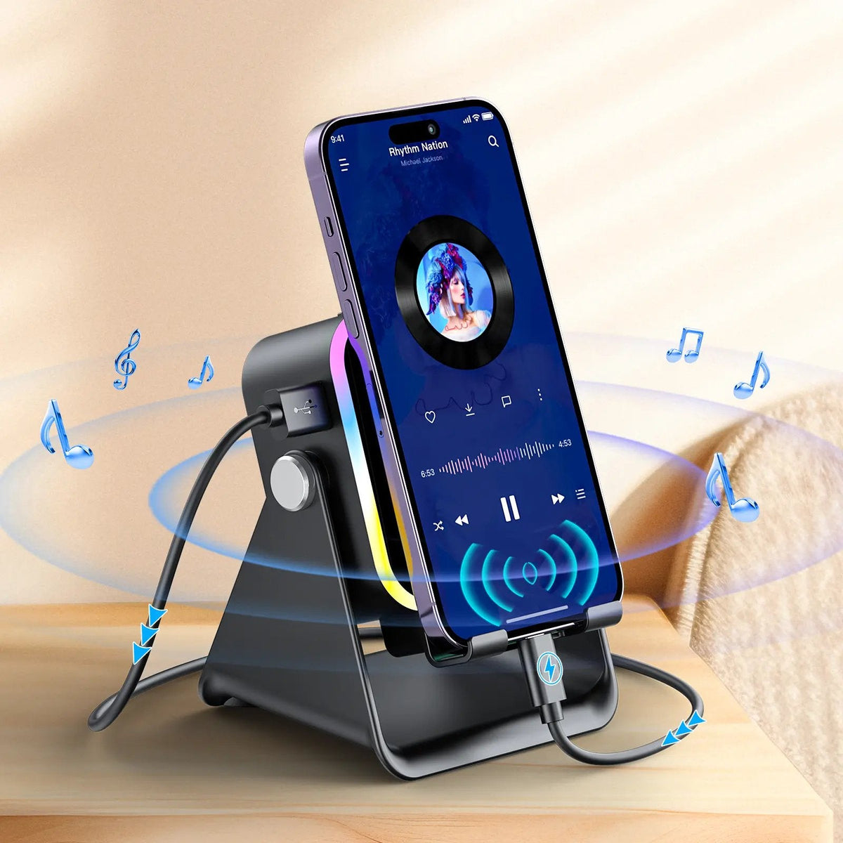 Touch-to-Play Wireless Speaker & Phone Stand 🔥 (RGB Glow Edition) 🌈