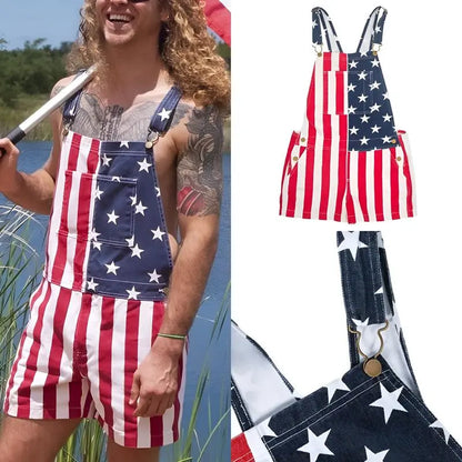 Men's and Women's American Flag Denim Overalls Stretch Shorts, Patriotic